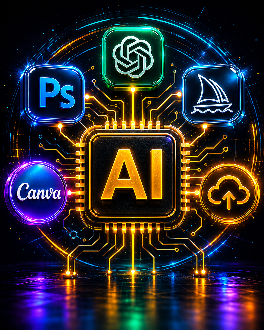 Glowing AI workflow illustration with creative tools connected together.
