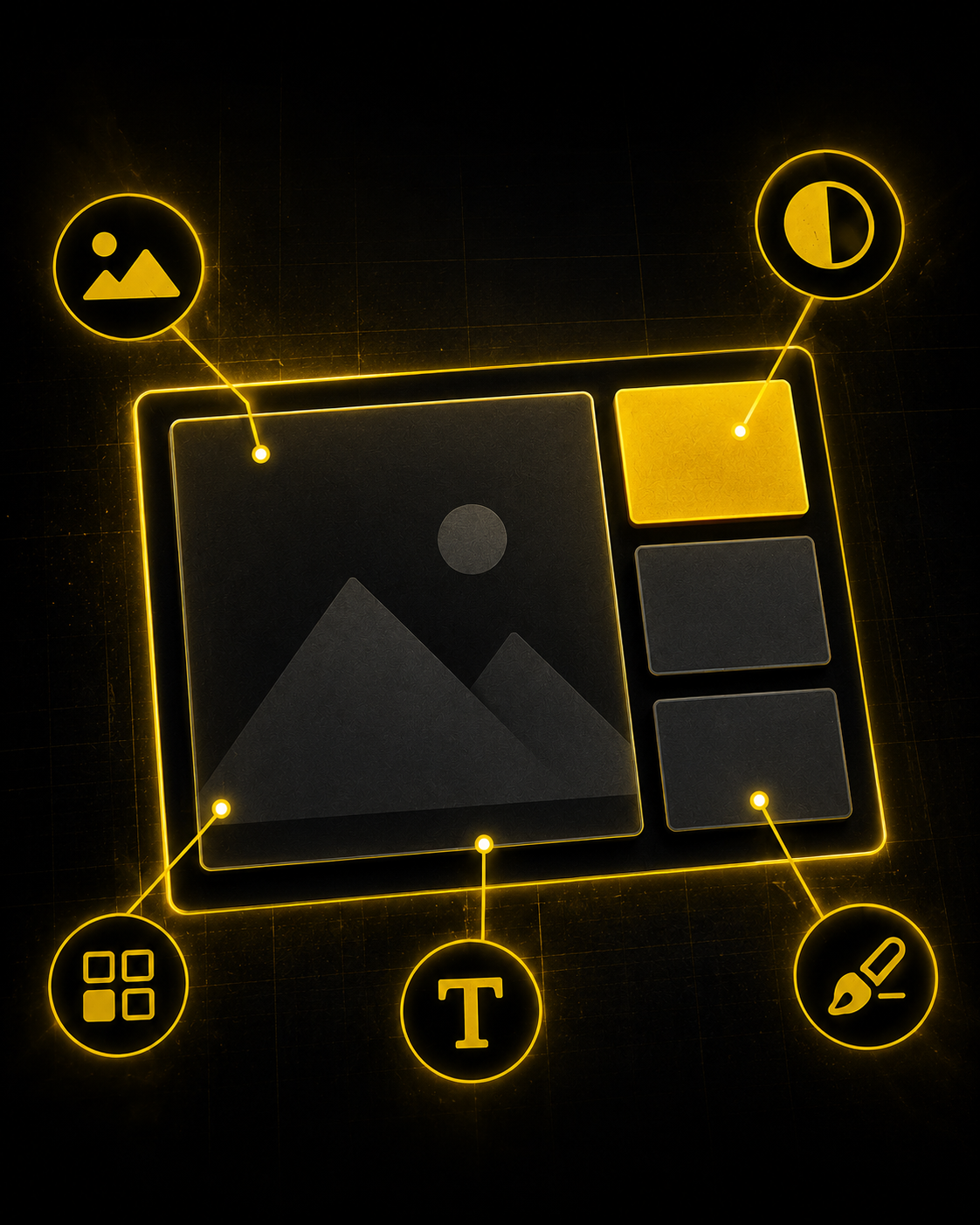Abstract yellow interface visual showing thumbnail layout structure.