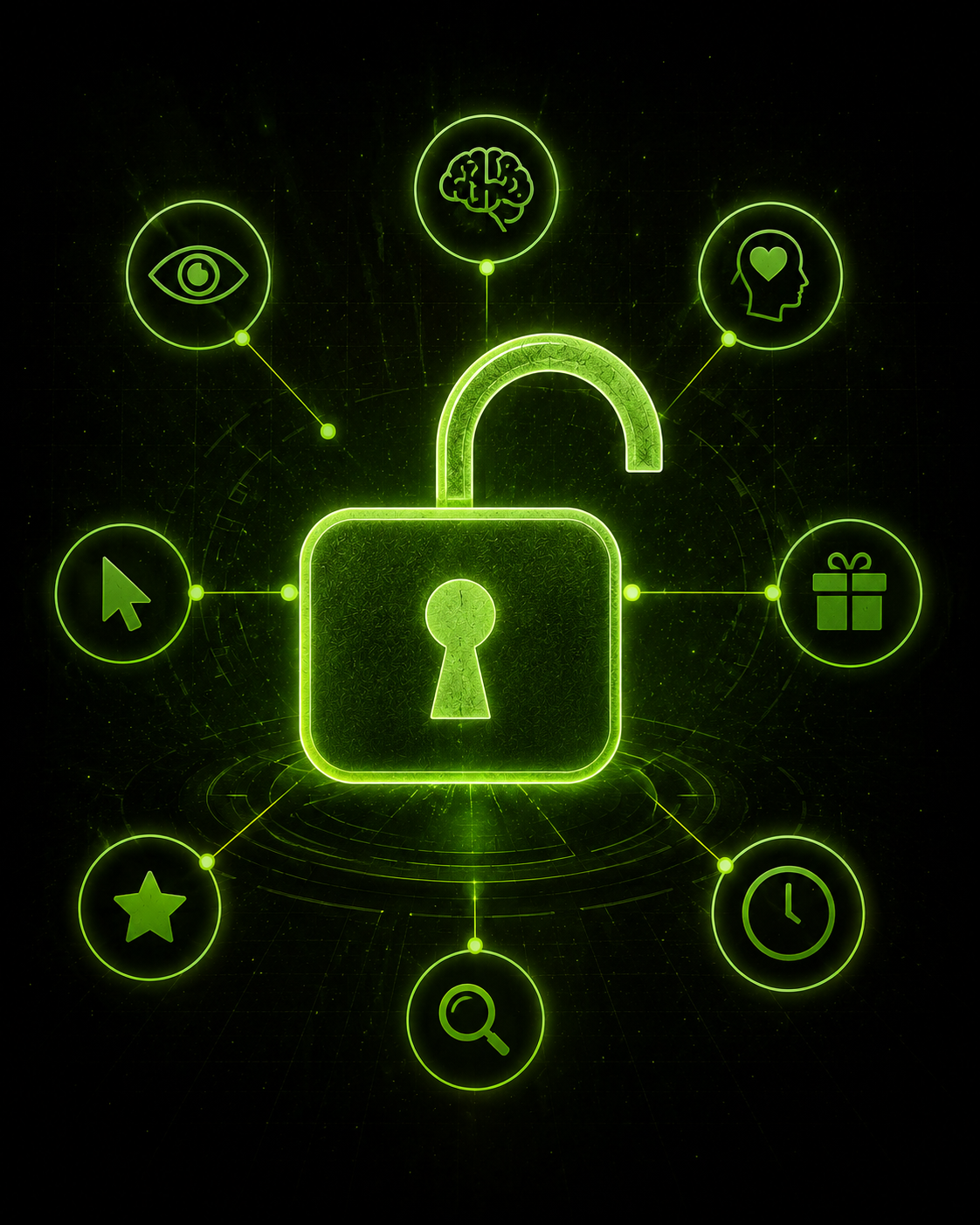 Abstract green visual of curiosity triggers connected around an unlocked icon.